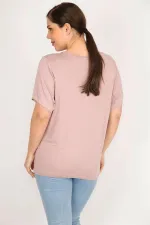 Kadın Pudra Büyük Beden Bisiklet Yaka Peto Cepli Bluz