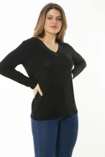 Kadın Büyük Beden Saks V Yakalı Taş Detaylı Uzun Kollu Bluz 65N37153