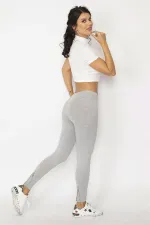 LEGGINGS GRIS POUR FEMME AVEC DÉTAILS EN PIERRE ET FERMETURE ÉCLAIR