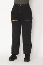 Kadın Siyah Yırtık Detaylı Geniş Basen Kot Pantolon 18N29207