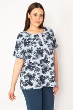 KADIN MAVİ PAMUKLU KUMAŞ NERVÜR DİKİŞLİ PATI DÜĞMELİ BLUZ