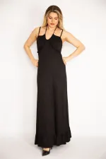 Kadın Siyah Askı Ve Yakası Fırfır Detaylı Etek Ucu Katlı Uzun Elbise 65N35236