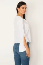 WOMEN'S WHITE COLLAR STRIPED BLOUSE WITH EYELET LACE DETAIL AND SLEEVE SLIT
