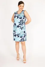 Kadın Mavi Büyük Beden Bisiklet Yakalı Desenli Elbise