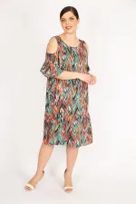 Kadın Fujya Büyük Beden Omuz Dekolteli Dokuma Viskon Kumaş Yan Cepli Elbise