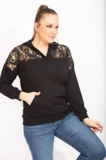 Kadın Saks Robası Dantel Ve Kapşon Detaylı Kanguru Cepli Sweat Shirt 65N35463