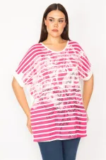 Kadın Fuşya Ön Desenli Düşük Kollu Bluz 65N30192