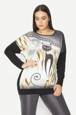 Kadın Siyah Kedi Figürlü Baskı Ve Taş Detaylı İki Renkli Tunik 65N29344