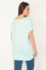 Kadın Camgöbeği Yeşil Bisiklet Yaka Etek Ucu Bantlı Düşük Kollu Tunik 65N32563