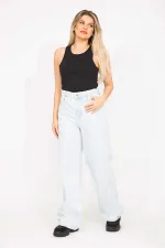 Kadın Büyük Beden Mavi Yıkama Efektli Yırtık Detaylı Yüksek Bel Kot Pantolon 65N36779