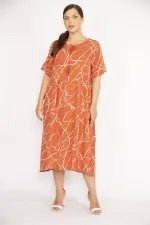 Kadın Oranj Büyük Beden Dokuma Viskon Kumaş Kısa Kollu Elbise