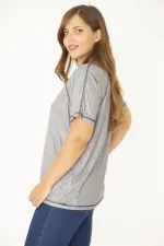 Kadın Büyük Beden Gri Reglan Kol Reçme Dikişli Spor Bluz 65N36951