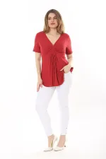 Kadın Büyük Beden Bordo Göğüs Büzgü Detaylı V Yakalı Kısa Kollu Bluz 65N37581