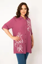 Kadın Mor Ön Düğmeli Baskı Detaylı Dokuma Viskon Kumaş Gömlek 65N33535