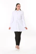Kadın Büyük Beden Beyaz Ön Düğmeli Beli Tünel Bağcıklı Likralı Tunik Elbise 65N37700