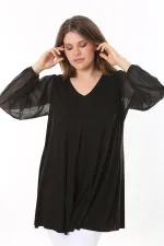 Kadın Büyük Beden Siyah Kolları Tül Önü A Pileli Tunik 65N37784