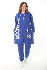 Kadın Büyük Beden Gri Baskı Ve Fermuar Detaylı Kapşonlu Sweatshirt Pantolon Takım 65N37128