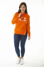 Women's Plus Size Orange Stone and Print Detailed Hooded Side Slit Sweatshirt 65N36867