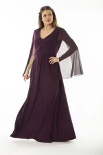 Kadın Büyük Beden Lacivert Bel Detaylı Kolları Tül Abiye Elbise 65N37065