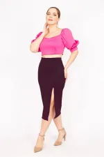 Kadın Fujya Büyük Beden Yaka Ve Kolu Lastik Detaylı Scuba Kumaç Crop