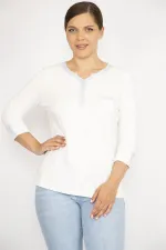 Kadın Büyük Beden Beyaz Sim Detaylı Öpücük Yakalı Kapri Kollu Bluz