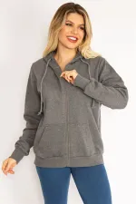 Kadın Gri Sırtı Çift Fermuar Ve Çıtçıt Düğme Ve Ön Fermuarlı İçi Şardonlu Sweatshirt 65N35069