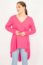 Kadın Pembe Büyük Beden Ön Pat Fermuar Ve Arka Detaylı Tunik