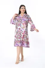 Kadın Büyük Beden Lila Ön Patı Düğmeli Volan Kollu Etek Ucu Katlı Elbise 65N38484