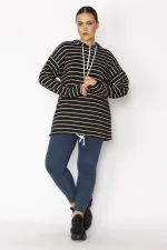 Women's Black Plus Size Front Placket Zippered Eyelet and Lace Detailed Hooded Striped Tunic