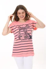 Kadın Büyük Beden Lacivert Bisiklet Yakalı Ön Desenli Kısa Kollu Bluz 65N37639