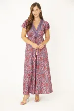 Kadın Büyük Beden Renkli Anvelop Yakalı Bel Bağcıklı Elbise 65N36878