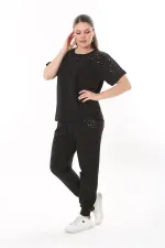 Kadın Büyük Beden Saks Taş Detaylı Kısa Kollu Sweatshirt Pantolon Takım 65N37702