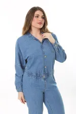 Kadın Büyük Beden Mavi Ön Düğmeli Bel Kısmı Lastik Detaylı Göğüs Ve Arka Cepli Kot Tulum 65N37574