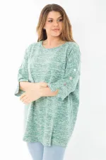 Kadın Büyük Beden Yeşil Kolları Süs Metal Düğmeli Kırçıllı Kalın Tunik 65N37403