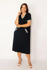 Kadın Lacivert Ribana Detaylı V Yakalı Cepli Elbise 65N34160
