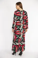 Kadın Renkli Büyük Beden Dokuma Viskon Kumaş Ön Düğmeli Etek Ucu Katlı Uzun Kollu Elbise