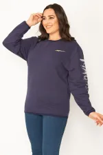 Women's Navy Blue Cotton Fabric Sleeve Applique Sweatshirt 65N31025