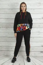 Kadın Saks Kapşonlu Fermuar Ve Baskı Detaylı Kuşgözlü Sweatshirt Pantolon Takım 65N19562