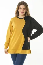 Kadın Büyük Beden Hardal Dueble Face Kumaş Renk Kombinli Sweatshirt 65N37124