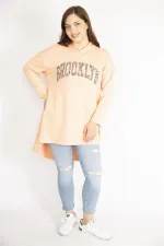 Kadın Somon Büyük Beden Payet Detaylı Kapşonlu Arkası Uzun Sweatshirt