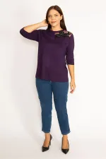 Kadın Mor Aplike Ve Tül Detaylı Bluz 65N34575