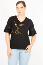 Kadın Kemik Büyük Beden Önü Nakış Ve Kolları Dantel Detaylı V Yaka Bluz