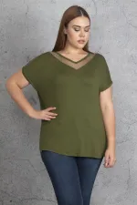 Kadın Haki Yaka Ve Kolları Tül Detaylı Viskon Bluz 65N24290