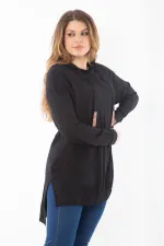 Kadın Büyük Beden Siyah Arkası Uzun Yan Yırtmaçlı Kapşonlu Sweatshirt 65N37310