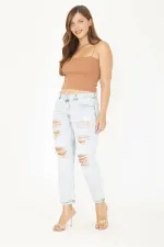 Kadın Büyük Beden Mavi Yırtık Detaylı 5 Cep Kot Pantolon 65N36812