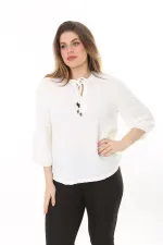 Kadın Büyük Beden Kemik Kendinden Desenli Gofre Kumaş Yaka Bağcıklı Kapri Kollu Bluz 65N37579