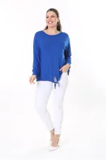 Kadın Büyük Beden Saks Önden Bağlamalı Uzun Kollu Bluz 65N37695