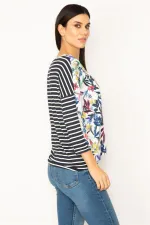 V-NECKED BLOUSE WITH STRIPED AND FLORAL PATTERNS