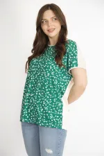Kadın Yeşil Büyük Beden Ön Desenli Düşük Kollu Bluz