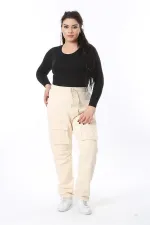 Kadın Büyük Beden Bej Cep Ve Yan Paça Çıtçıt Düğme Detaylı Spor Pantolon 65N38676